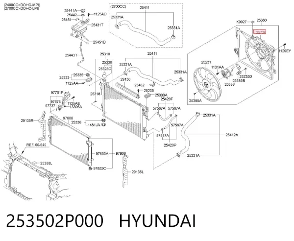 Difusor do radiador de esfriamento 253502P000 Hyundai/Kia