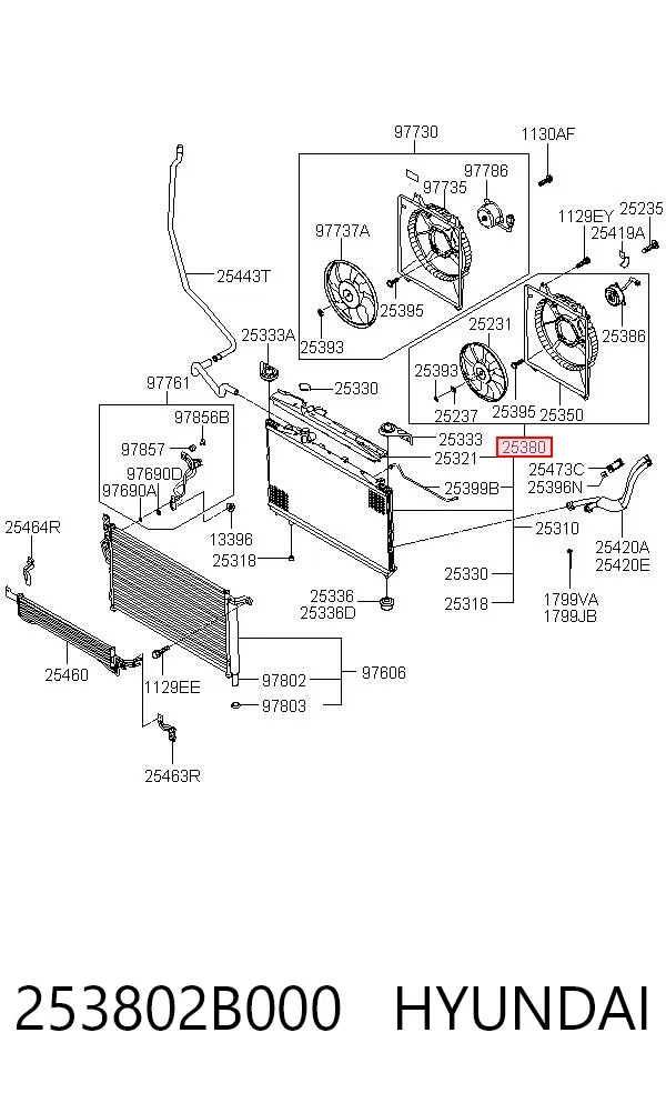 Difusor do radiador de esfriamento, montado com motor e roda de aletas 253802B000 Hyundai/Kia