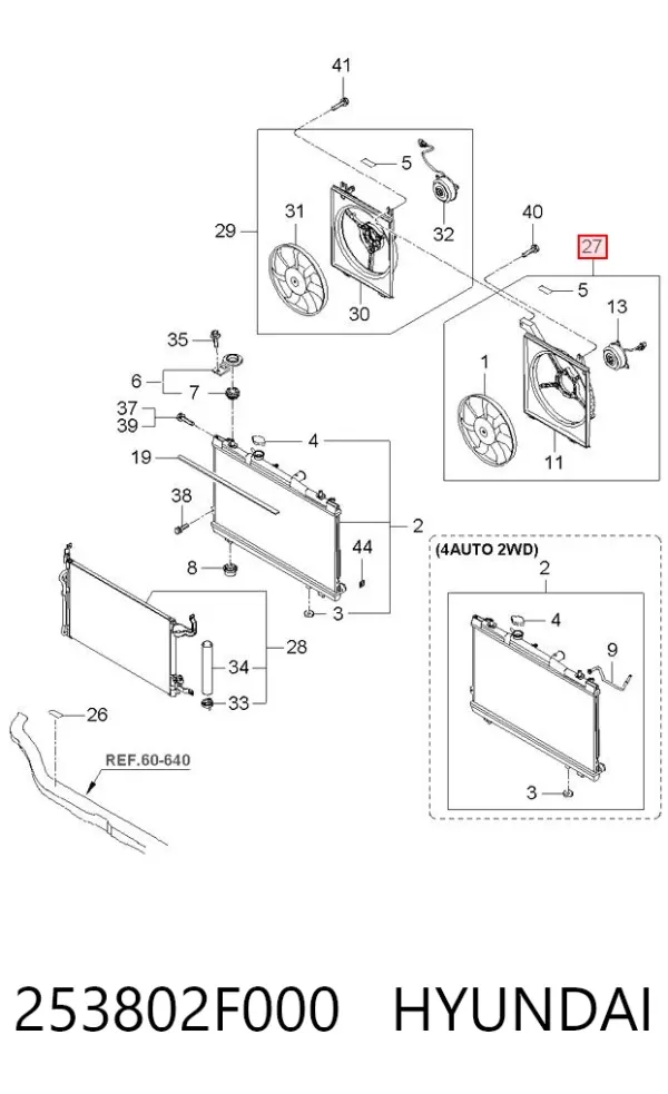 Difusor do radiador de esfriamento, montado com motor e roda de aletas 253802F000 Hyundai/Kia