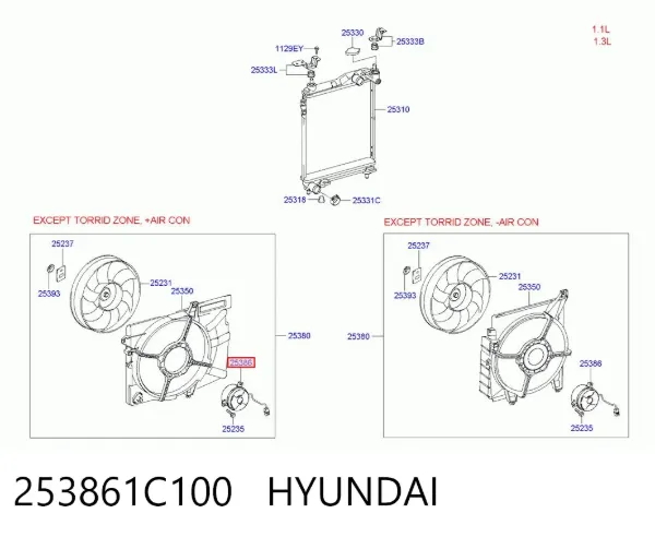 Difusor do radiador de esfriamento, montado com motor e roda de aletas 253861C100 Hyundai/Kia