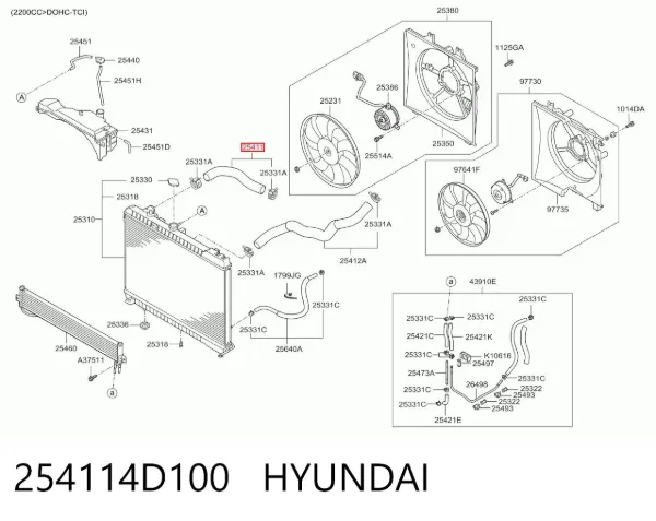 Mangueira (cano derivado) do radiador de esfriamento superior 254114D100 Hyundai/Kia