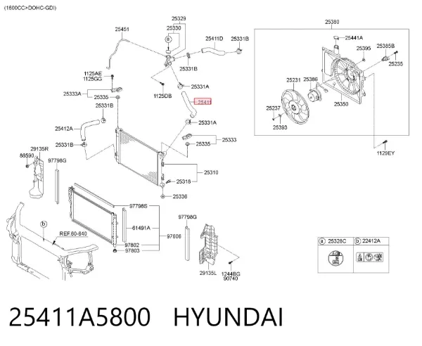 Mangueira (cano derivado) do radiador de esfriamento superior 25411A5800 Hyundai/Kia