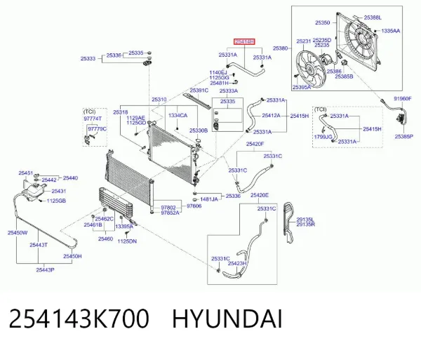 Mangueira (cano derivado) do radiador de esfriamento superior 254143K700 Hyundai/Kia