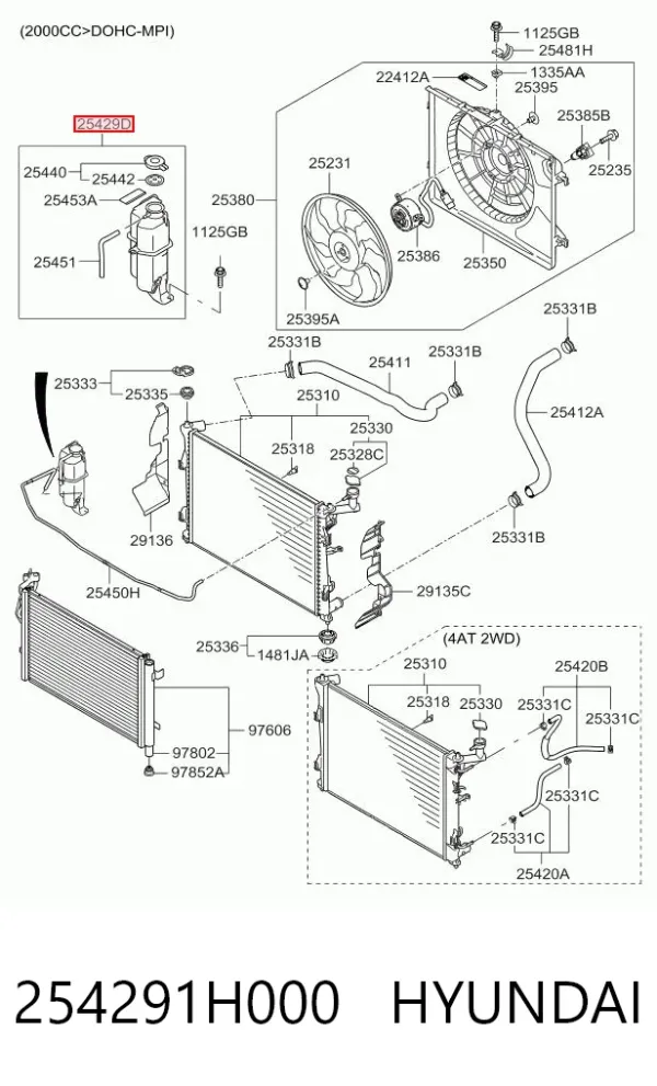 Tanque de expansão do sistema de esfriamento 254291H000 Hyundai/Kia