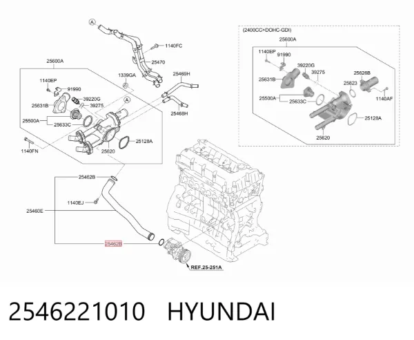 Vedante do flange (da união em T) do sistema de esfriamento 2546221010 Hyundai/Kia