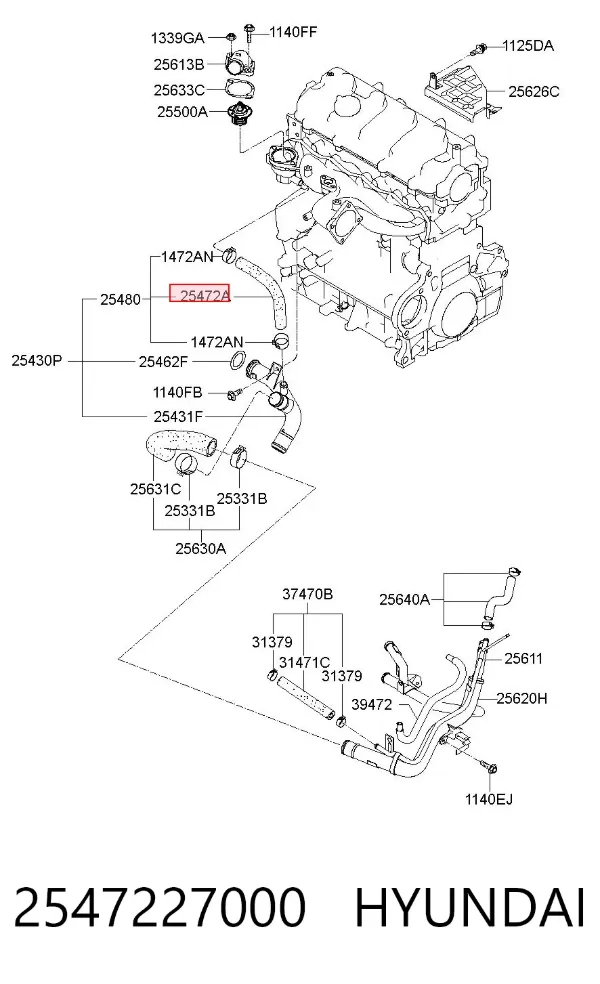 Mangueira (cano derivado) do sistema de esfriamento 2547227000 Hyundai/Kia