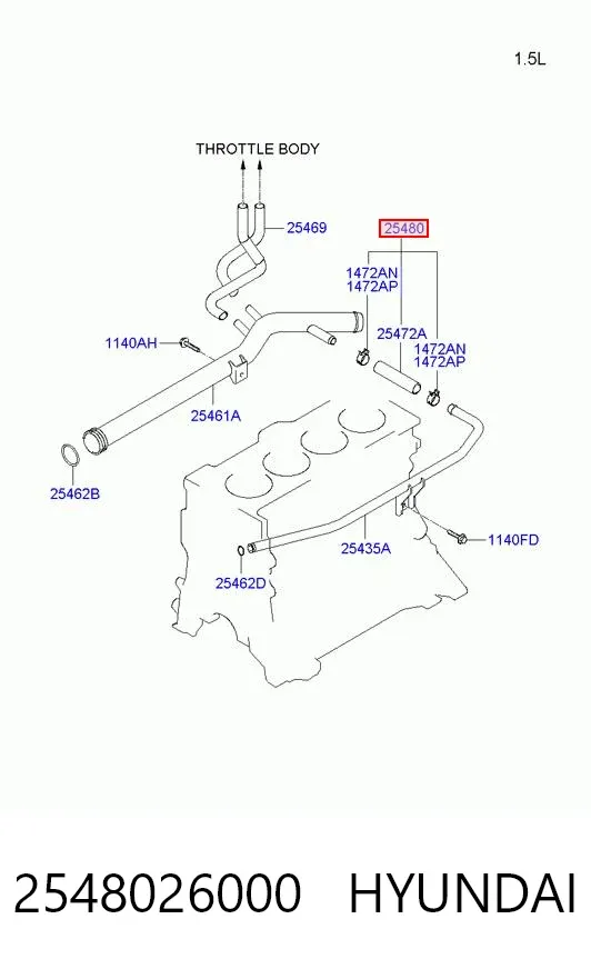 Mangueira (cano derivado) do sistema de esfriamento 2548026000 Hyundai/Kia