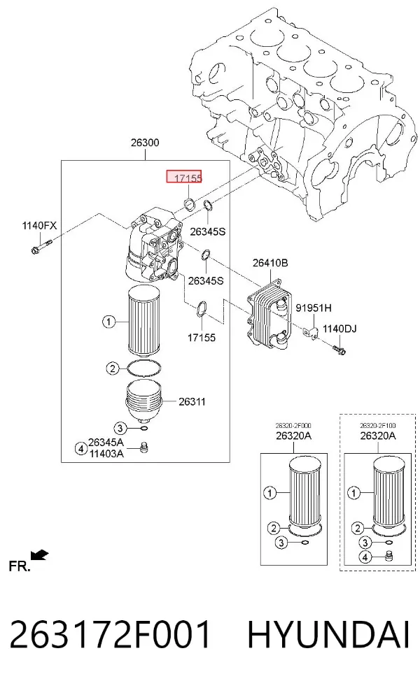 Vedante de adaptador do filtro de óleo 263172F001 Hyundai/Kia
