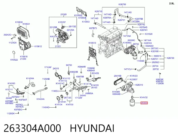 Filtro de óleo 263304A000 Hyundai/Kia