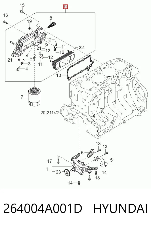 Radiador de óleo (frigorífico), debaixo de filtro 264004A001D Hyundai/Kia