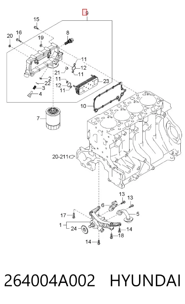 Radiador de óleo (frigorífico), debaixo de filtro 264004A002 Hyundai/Kia