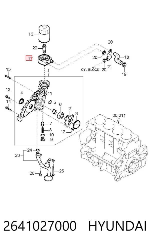 Radiador de óleo (frigorífico), debaixo de filtro 2641027000 Hyundai/Kia