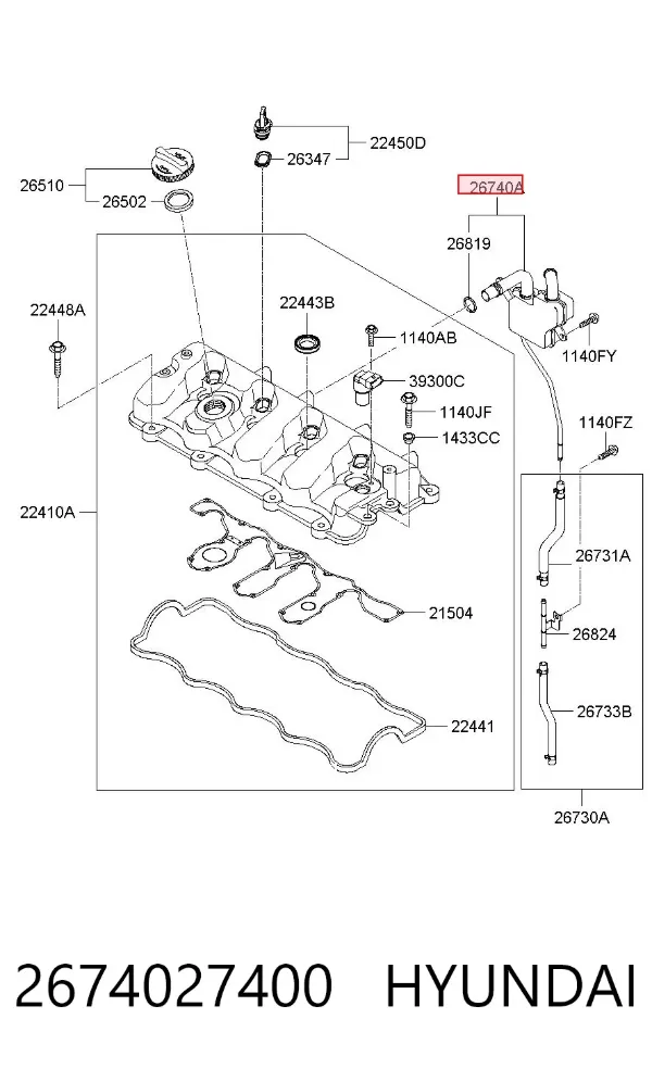 Separador de óleo (separador) do sistema de ventilação de cárter 2674027400 Hyundai/Kia