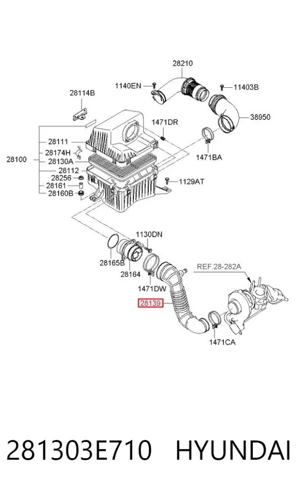 Cano derivado de ar, saída de filtro de ar 281303E710 Hyundai/Kia