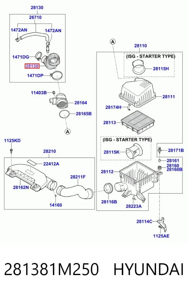 Cano derivado de ar, saída de filtro de ar 281381M250 Hyundai/Kia
