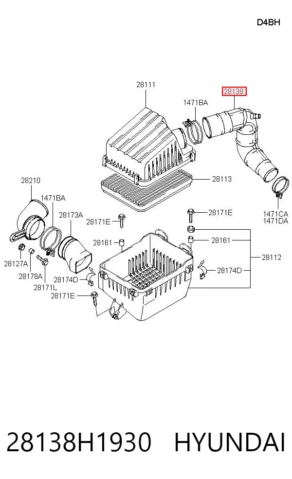 Cano derivado de ar, saída de filtro de ar 28138H1930 Hyundai/Kia