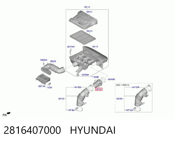 Sensor de fluxo (consumo) de ar, medidor de consumo M.A.F. - (Mass Airflow) 2816407000 Hyundai/Kia