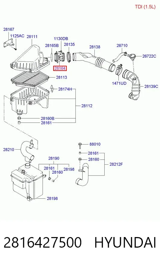 Sensor de fluxo (consumo) de ar, medidor de consumo M.A.F. - (Mass Airflow) 2816427500 Hyundai/Kia