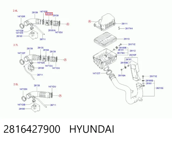 Sensor de fluxo (consumo) de ar, medidor de consumo M.A.F. - (Mass Airflow) 2816427900 Hyundai/Kia