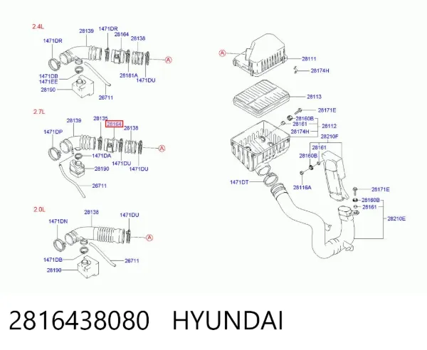 Sensor de fluxo (consumo) de ar, medidor de consumo M.A.F. - (Mass Airflow) 2816438080 Hyundai/Kia