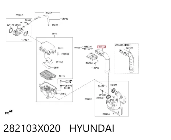Cano derivado de ar, saída de filtro de ar 282103X020 Hyundai/Kia