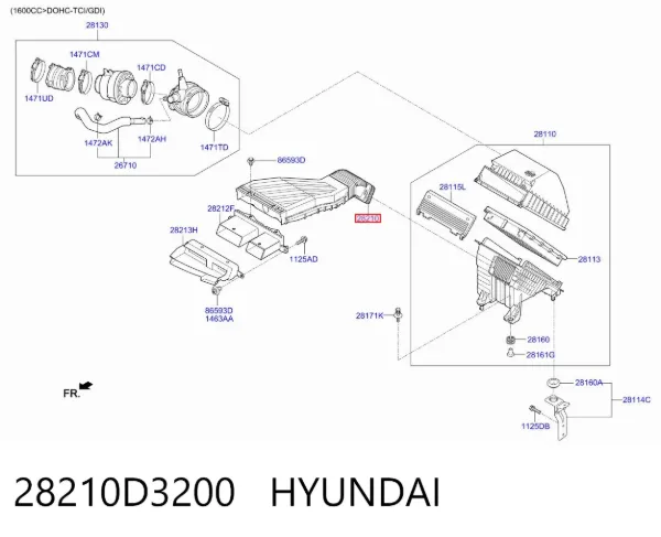 Cano derivado de ar, entrada de filtro de ar 28210D3200 Hyundai/Kia