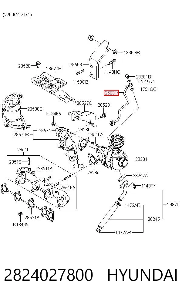 Tubo (mangueira) de fornecimento de óleo de turbina 2824027800 Hyundai/Kia