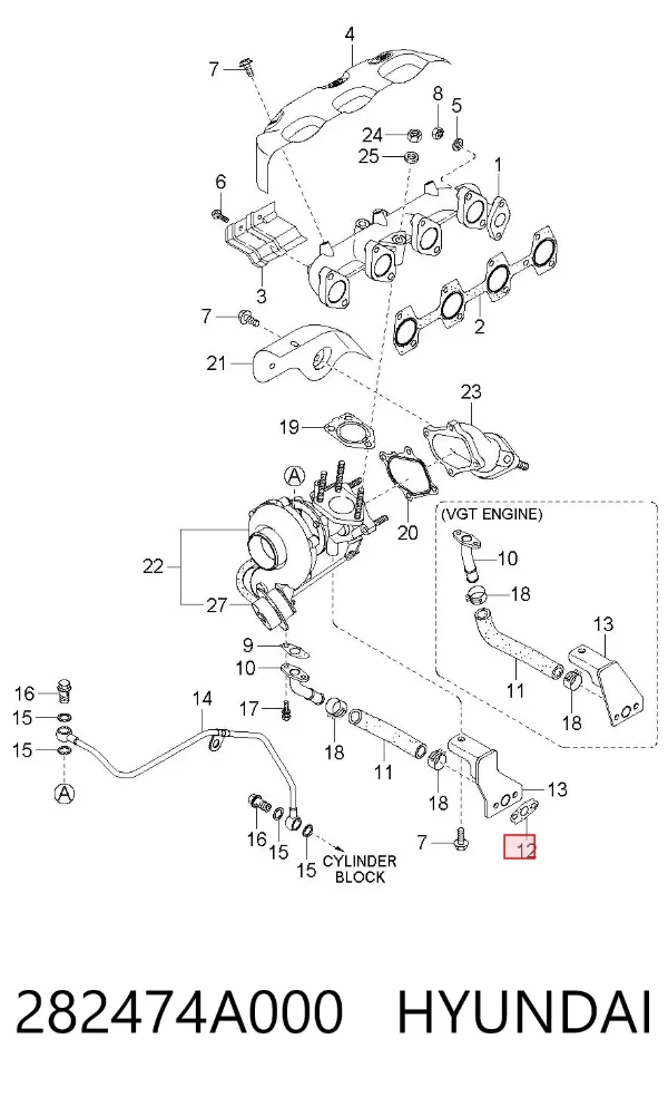 Vedante de mangueira de derivação de óleo de turbina 282474A000 Hyundai/Kia