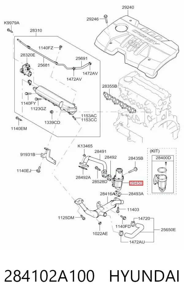 Válvula EGR de recirculação dos gases 284102A100 Hyundai/Kia