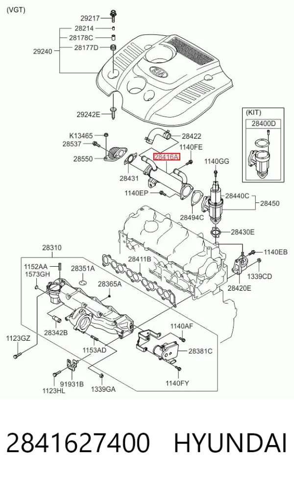 Radiador do sistema EGR de recirculação dos gases de escape 2841627400 Hyundai/Kia