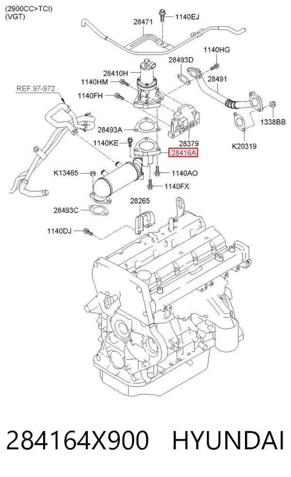 Radiador do sistema EGR de recirculação dos gases de escape 284164X900 Hyundai/Kia