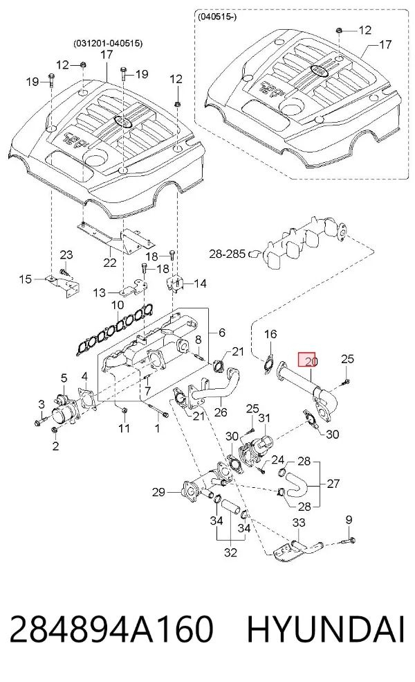 Cano derivado do sistema de recirculação dos gases de escape EGR 284894A160 Hyundai/Kia