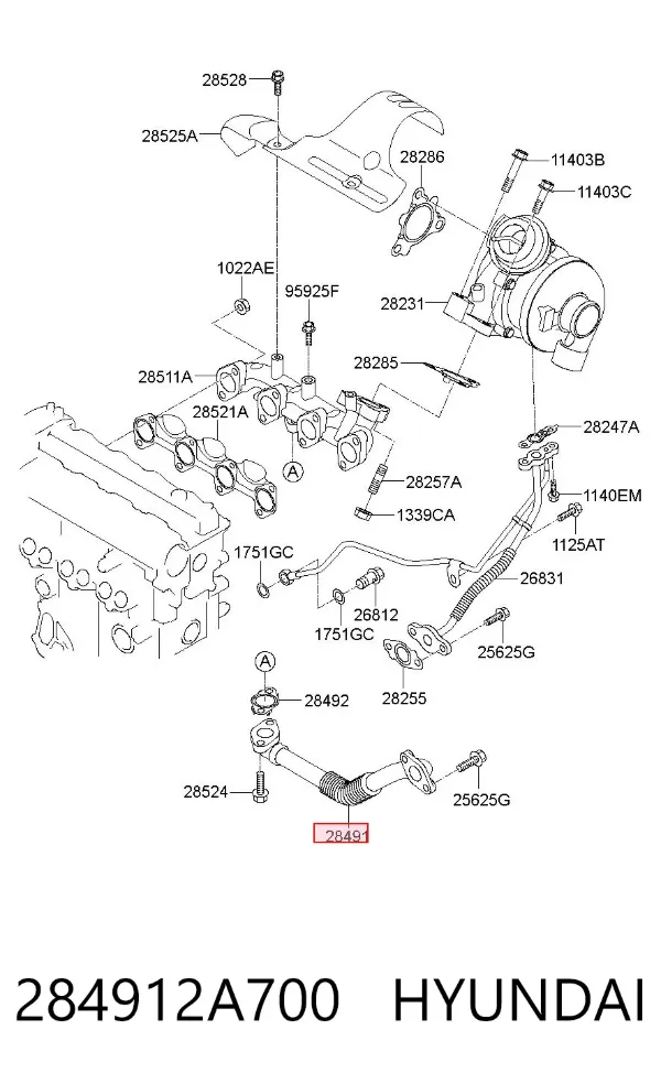 Cano derivado do sistema de recirculação dos gases de escape EGR 284912A700 Hyundai/Kia
