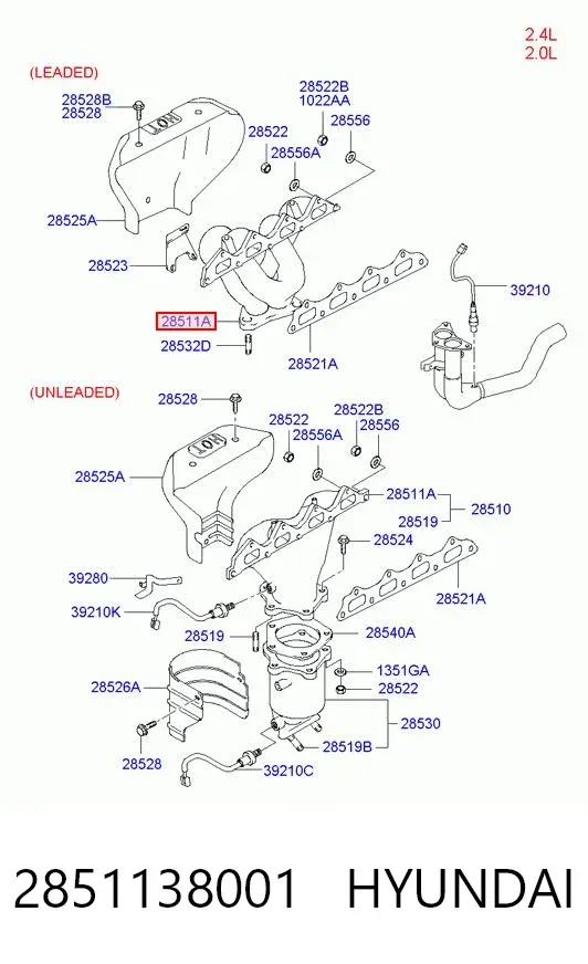 Tubo coletor de escape 2851138001 Hyundai/Kia