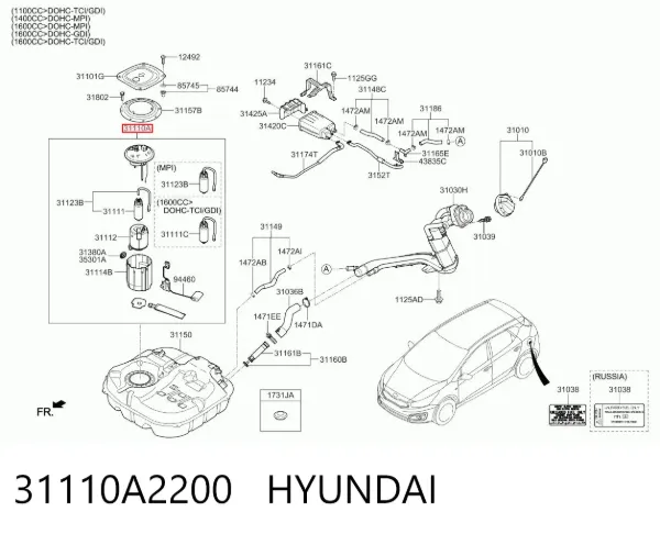 Módulo de bomba de combustível com sensor do nível de combustível 31110A2200 Hyundai/Kia
