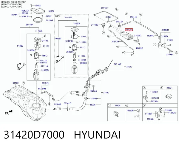 Adsorvedor dos vapores de combustível 31420D7000 Hyundai/Kia
