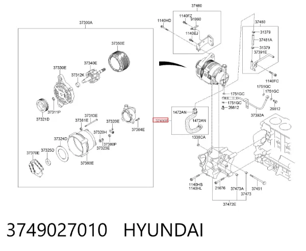 Mangueira (cano derivado) de bomba de vácuo 3749027010 Hyundai/Kia