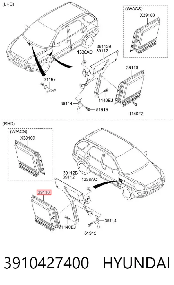 Módulo de direção (Centralina eletrônica) de motor 3910427400 Hyundai/Kia