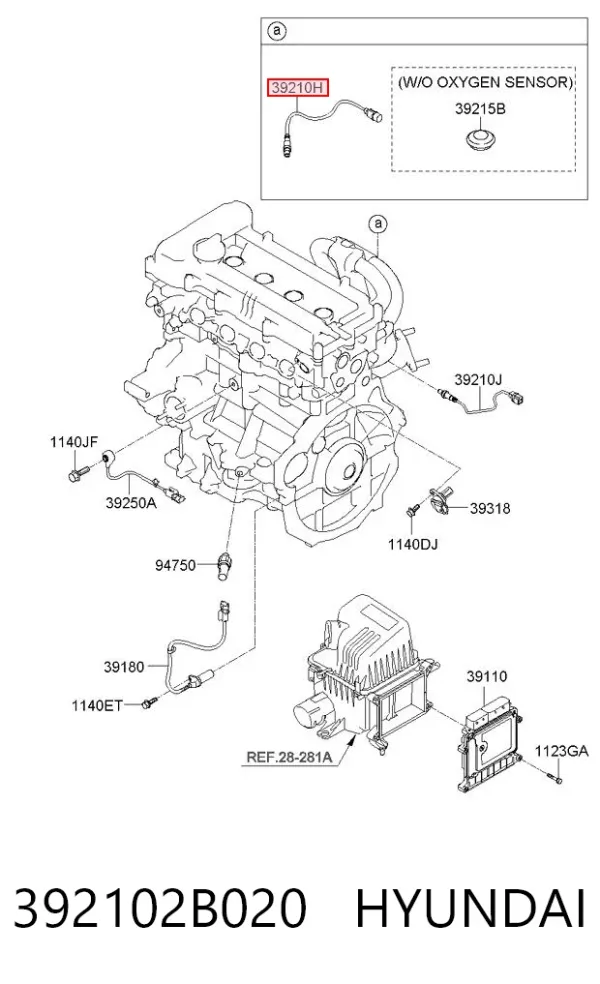 Sonda lambda, sensor de oxigênio até o catalisador 392102B020 Hyundai/Kia