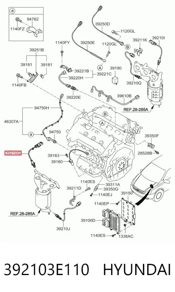Sonda lambda, sensor direito de oxigênio até o catalisador 392103E110 Hyundai/Kia