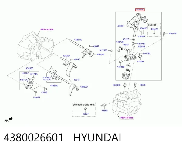 Mecanismo de seleção (de mudança) de velocidades 4380026601 Hyundai/Kia