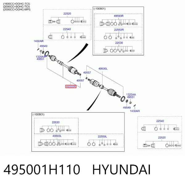 Semieixo (acionador) dianteiro direito 495001H110 Hyundai/Kia