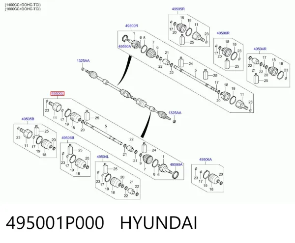 Semieixo (acionador) dianteiro direito 495001P000 Hyundai/Kia