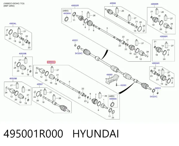 Semieixo (acionador) dianteiro esquerdo 495001R000 Hyundai/Kia