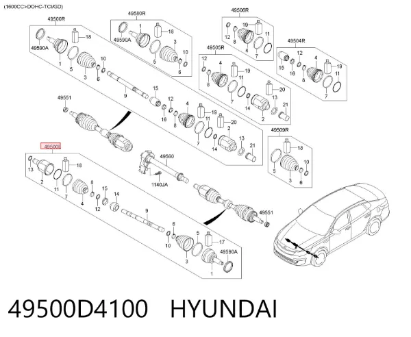 Semieixo (acionador) dianteiro esquerdo 49500D4100 Hyundai/Kia