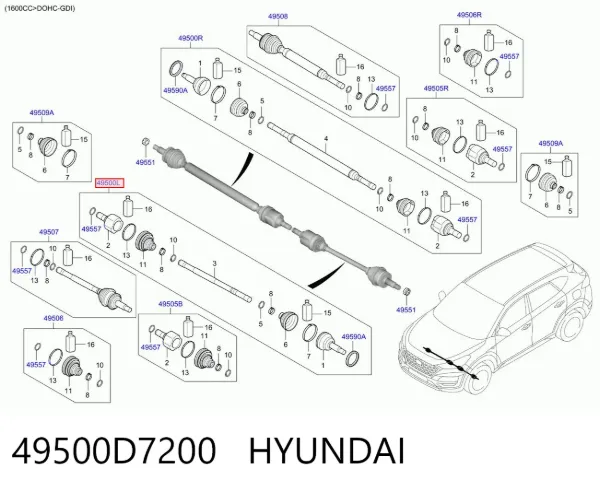 Semieixo (acionador) dianteiro esquerdo 49500D7200 Hyundai/Kia