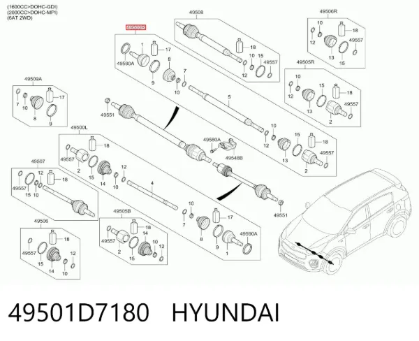 Semieixo (acionador) dianteiro direito 49501D7180 Hyundai/Kia