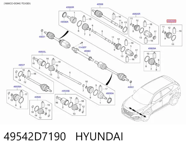 Bota de proteção interna direita de junta homocinética do semieixo dianteiro 49542D7190 Hyundai/Kia