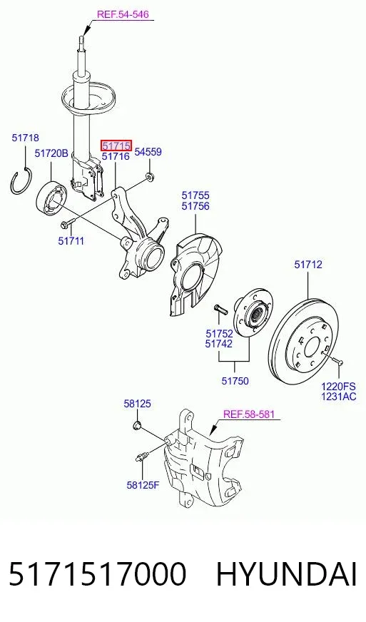 Pino moente (extremidade do eixo) dianteiro esquerdo 5171517000 Hyundai/Kia