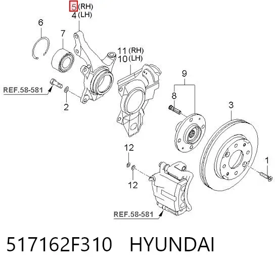 Pino moente (extremidade do eixo) dianteiro direito 517162F310 Hyundai/Kia